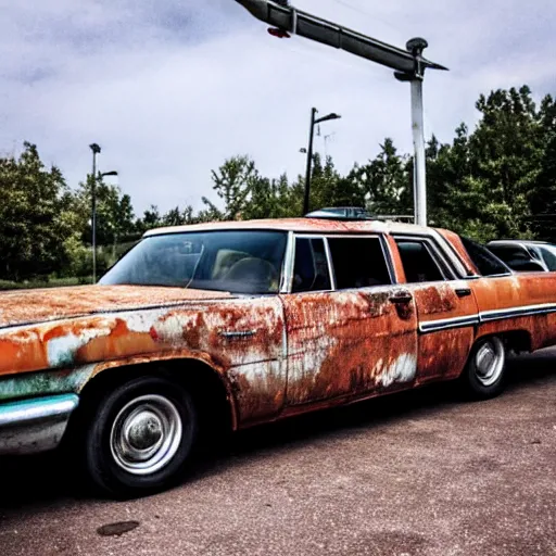 Image similar to a rusty ecto-1 in an empty parking lot.