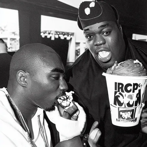 Prompt: Tupac and notorious BIG eating ice cream together at a carnival.