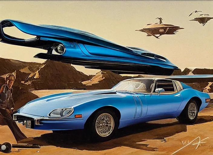 Image similar to ( ( ( ( ( 1 9 8 2 pontiac trans am, jaguar e - type, car concept art, sci - fi illustration, painting ) ) ) ) ) by vincent di fate and john berkey and star wars and the rocketeer!!!!!!!