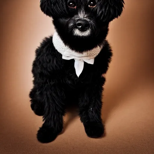 Image similar to closeup photo of a black coton-de-tulear dog, wearing a monocle and a fluffy hat, 50mm, dramatic lighting