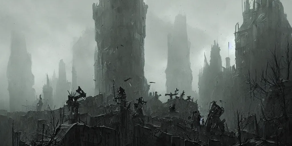 Image similar to grimdark fantasy fortress, trench crusade soldiers, terrifying architecture, looming, dark, fog, atmospheric cold lighting, dark souls, hyperrealistic, art by sparth