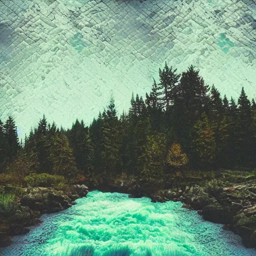 Image similar to a beautiful landscape, river, rocks, trees, by greg rutkowsi, glitch, glitchy, vhs, corrupted