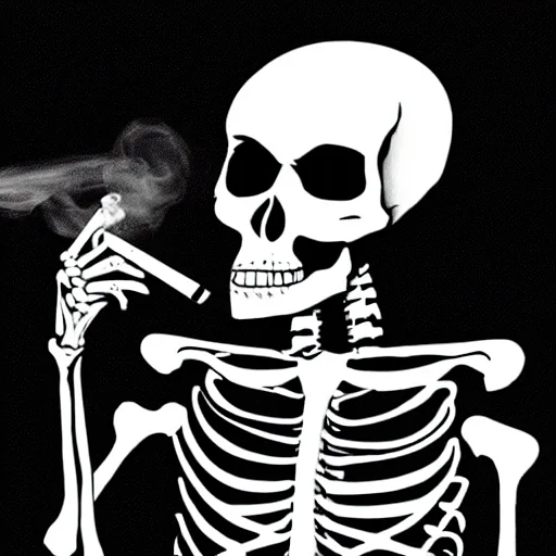 Prompt: skeleton smokin a cig, black background, noir style