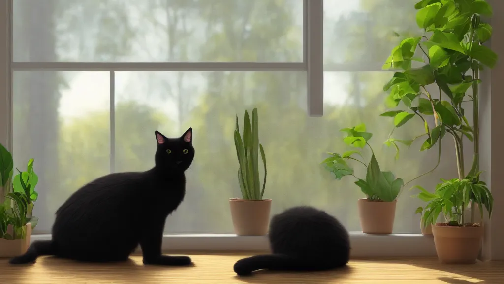 Image similar to peaceful dreamy painting of a black cat sitting by a window and looking outside, a tabby cat outside the window, sunshine coming through the window, small plants on the window sill, 8k, hyper realism, trending on artstation, octane render