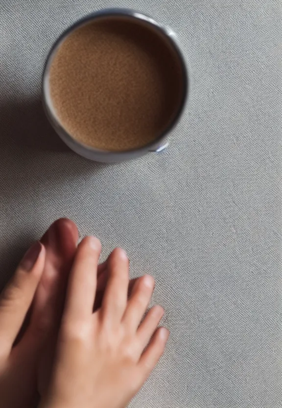 Prompt: a photo of one ultra detailed photorealistic woman's hand with cupped palm up, back of hand on the table, palm pattern visible, instagram photo, studio photo, 9 0 mm, f / 1. 4