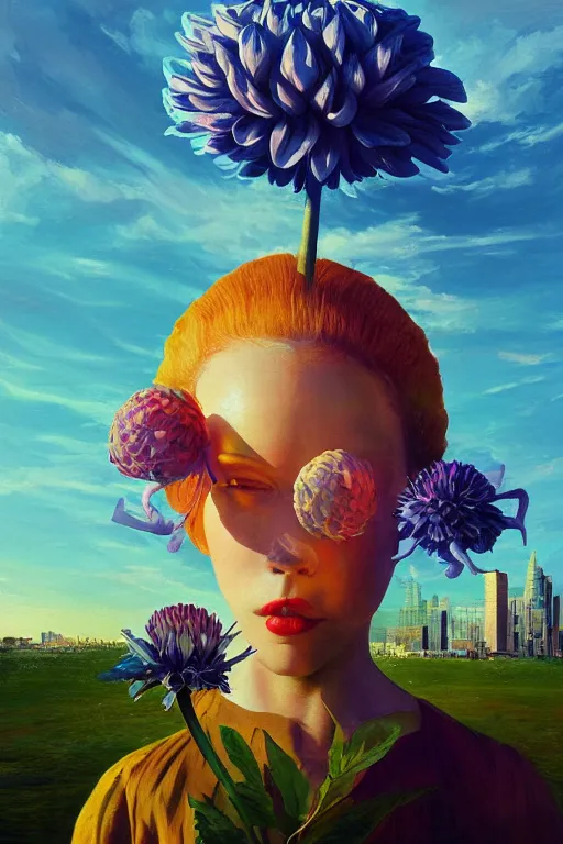 Image similar to closeup giant dahlia flower head, girl in a suit, in a city, surreal photography, blue sky, sunrise, dramatic light, impressionist painting, digital painting, artstation, simon stalenhag