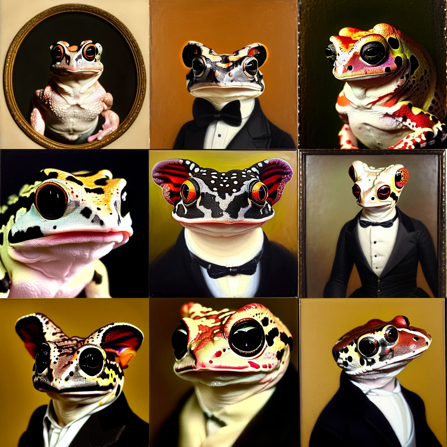 Prompt: a head and shoulders portrait of an amazon milk frog looking off camera wearing a black buttoned jacket and cummerbund, an american romanticism painting, a portrait painting, cgsociety, soft focus, oil on canvas