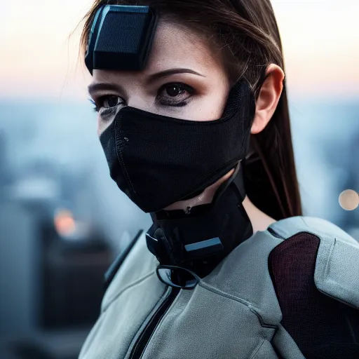 Image similar to photographic portrait of a techwear woman, closeup, on the rooftop of a futuristic city at night, sigma 85mm f/1.4, 4k, depth of field, high resolution, 4k, 8k, hd, full color