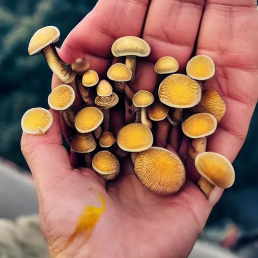 Image similar to iphone 1 3 pro photo of hands holding a golden teacher mushrooms