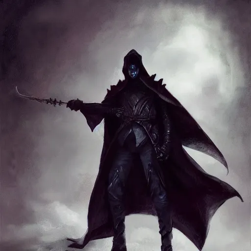Image similar to portrait of small pale cowardly man wearing dark cloak, rogue, fear, fantasy artwork, dnd, looking sideways, high fantasy
