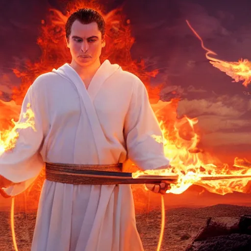 Prompt: cinematic still of divine angelic man with white ancient Canaanite robes holding a flaming sword, paradise in the background