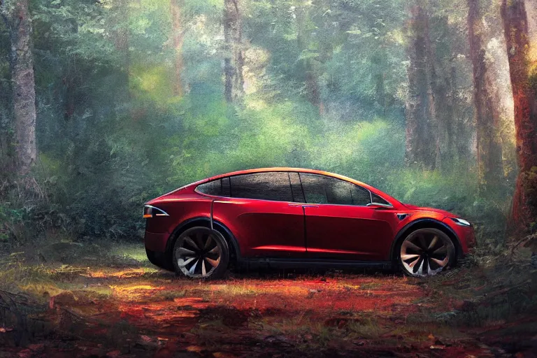 Image similar to A painting of a Tesla Model X in a forest by Craig Mullins, dramatic lighting, cinematic, establishing shot, extremely high detail, artstation