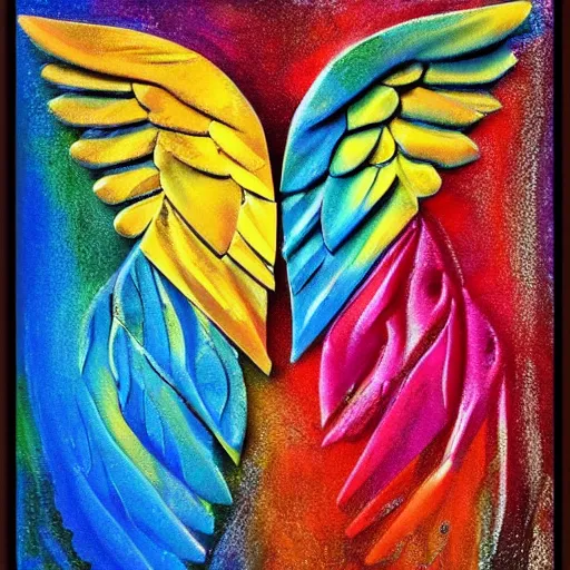 Prompt: you make me feel like dancing dance. spread wings. heart. flight. colorful. beautiful. impasto. texture