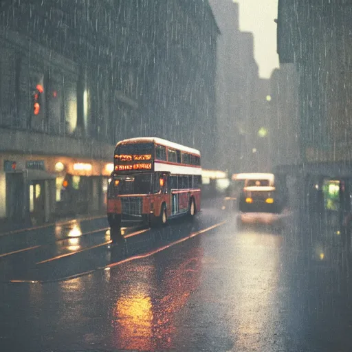 Image similar to 1990s perfect 8K HD professional cinematic photo of a bus in dystopian city, at evening during rain, at instagram, Behance, Adobe Lightroom, with instagram filters, depth of field, taken with polaroid kodak portra