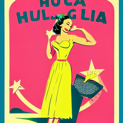 Prompt: hula girl. 1 9 5 0 s advertising illustration by gil evgren, flat color, halftone print.