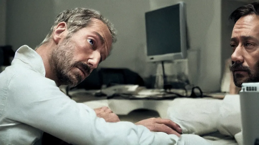 Image similar to man bleary eyed at a computer not able to sleep, film still from the movie directed by Denis Villeneuve with art direction by Salvador Dalí, wide lens