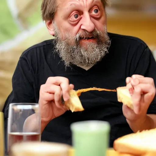 Prompt: Slavoj Zizek trying to eat a sandwich but it keeps disintegrating into both saliva and ideology before it gets to his mouth wearing a black t-shirt v-neck Dom Qwek igor wolski greg simpkins kirbi fagan alex heywood greg rutkowski john howe sergi brosa dave melvin sam nielson anthony sieben thomas duchek andree wallin adam adamowicz piotr kowalski bobby chiu jared nickerson jake souva marc sarmel goro fujita