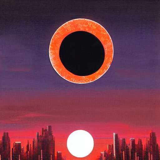 Image similar to surreal, nuclear blast and a full red moon eclipse, cyberpunk, art by jeff lyons, bryen frost