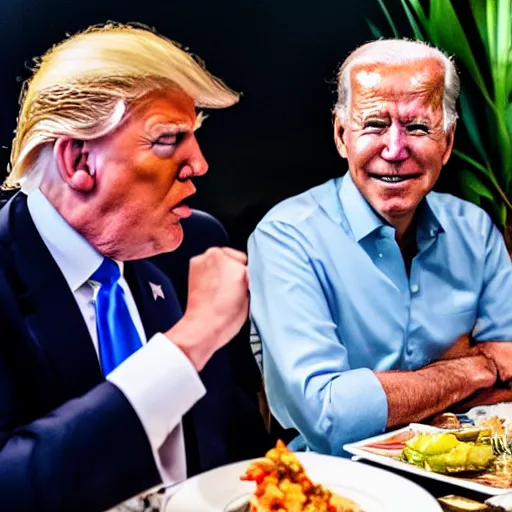 Image similar to Trump and Biden having dinner at a fancy Balinese restaurant, award winning photography, 85mm, perfect faces