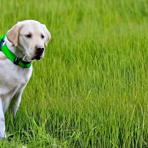 Prompt: a green labrador retriever with shaggy green fur and a glowing yellow eye in between its eyes bounding through a lush sea of deep grass