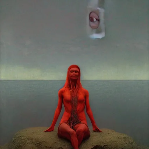 Prompt: portrait, shore of the lake, woman, wrapped around by veins, various clothes, glowing red, by edgar maxence and ross tran, zdzisław beksinski, and michael whelan, distant, gustav dore, h. r. giger, 8 k, octane render