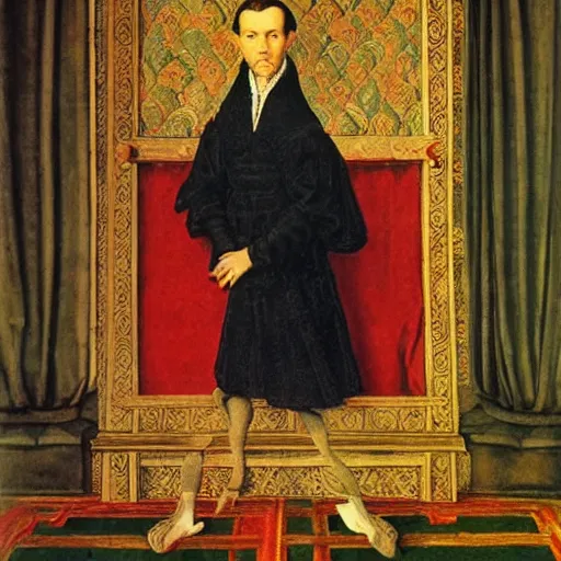 Image similar to a highly detailed portrait of phoenix wright, wearing elegant tudor clothes, inside a room with thick red tapestries, oil painting by hans holbein and alessandro allori and richard burbage