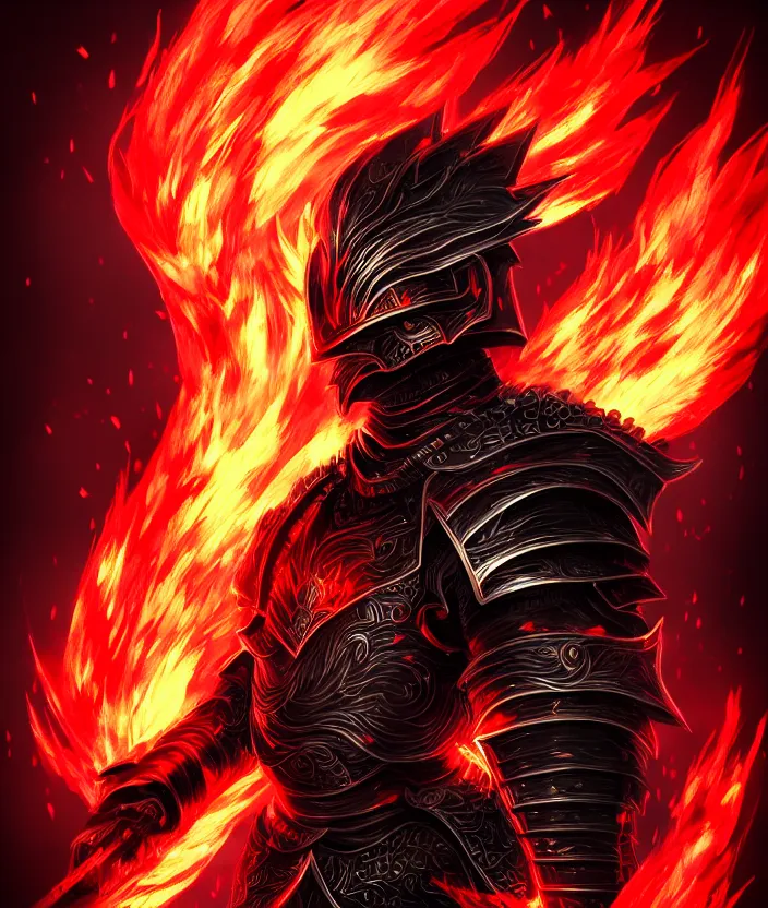 Image similar to a detailed manga portrait illustration of a dark warrior in black plated armour surrounded by red flames, trending on artstation, digital art, 4 k resolution, detailed, octane render, high quality, sharp focus, hq artwork, insane detail, concept art, character concept, character illustration, full body illustration