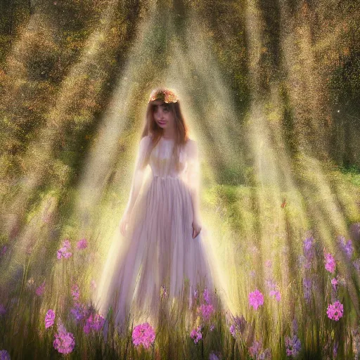 Image similar to A serene and dreamlike scene with a princess in a field of flowers, with a translucent dress and ethereal lighting, light rays, volumetrics, by Jeszika Le Vye