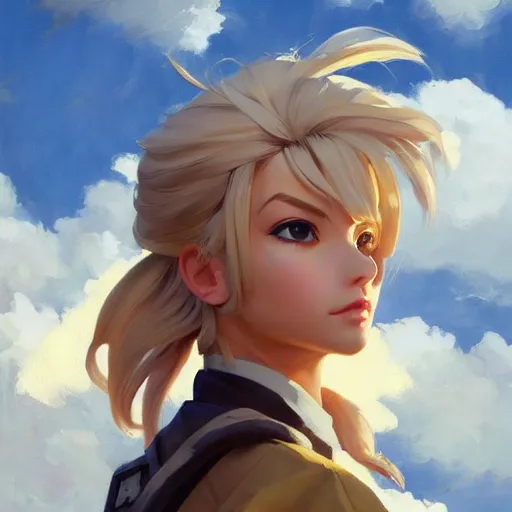 Image similar to greg manchess portrait of customer service cloud strife, medium shot, asymmetrical, profile picture, organic painting, sunny day, matte painting, bold shapes, hard edges, street art, trending on artstation, by huang guangjian and gil elvgren and sachin teng