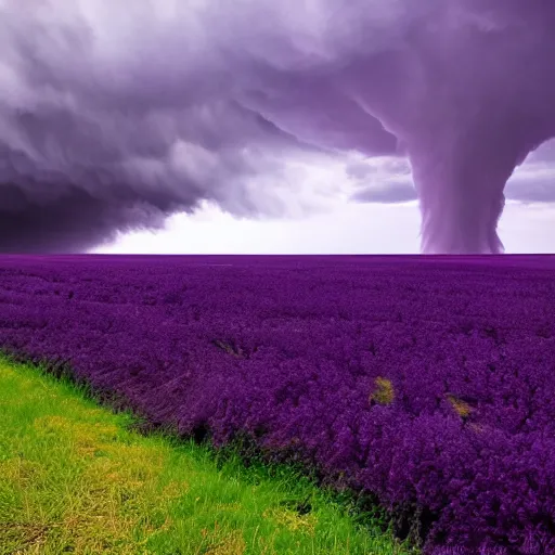 Prompt: tornado in the distance in a landscape, purple background