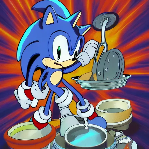 Prompt: sonic the hedgehog, washing dishes, Trending on Artstation, Hiroaki Tsutsumi style