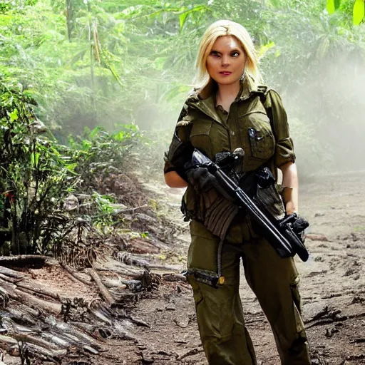 Prompt: elisha cuthbert as a commando in a jungle battlefield