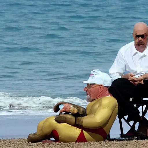 Image similar to walter white and ironman sitting on the beach