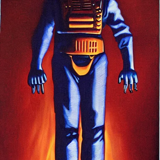 Image similar to a full body portrait of mf doom by edmund emshwiller