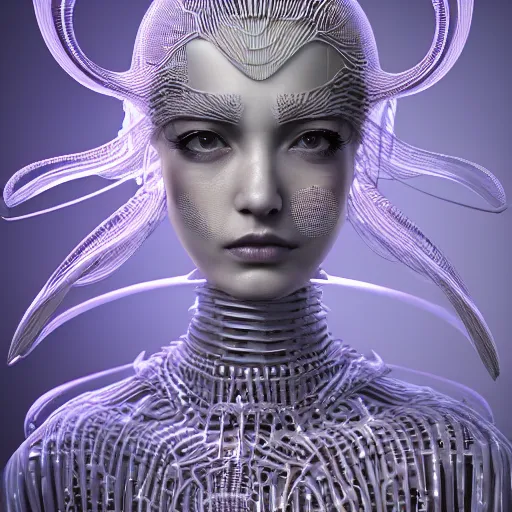 Image similar to closeup portrait of an absurdly beautiful, graceful, sophisticated, fashionable cyberpunk mechanoid gravure idol, an ultrafine hyperdetailed illustration by irakli nadar, matt wisniewski style, fashion photography, intricate linework, porcelain skin, jellyfish headdress, fractal ivory carved ruff, unreal engine 5 highly rendered, global illumination, radiant light, detailed and intricate environment