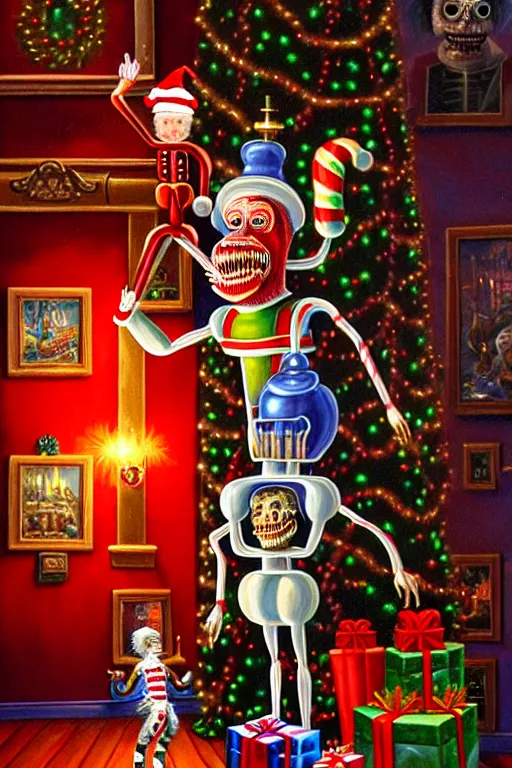 Image similar to a hyperrealistic painting of a 3 d christmas nightmare giant mechanical nutcracker, cinematic horror by chris cunningham, lisa frank, richard corben, highly detailed, vivid color,