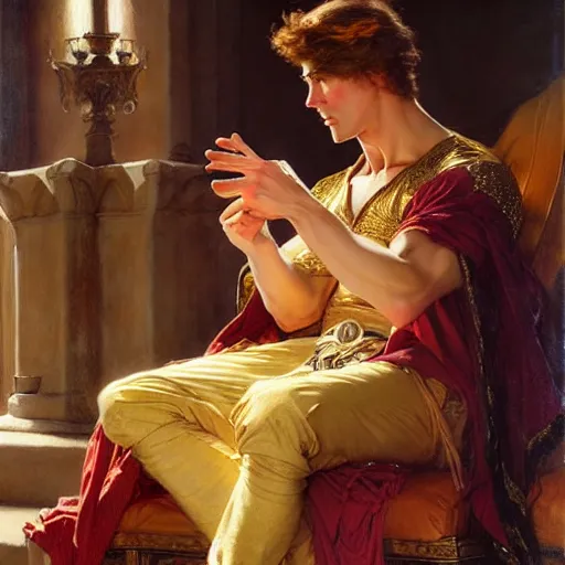 Image similar to attractive fully clothed king confesses his love for his attractive fully clothed male prince. highly detailed painting by gaston bussiere, mark brooks, j. c. leyendecker