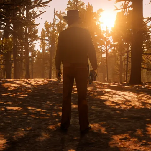 Image similar to Walter White as a character in Red Dead Redemption 2, forest during sunset, realistic screenshot