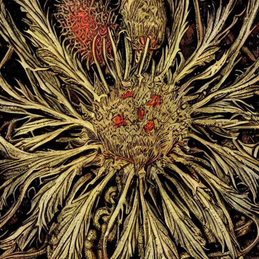 Image similar to squalid thistle putrid crown, in the style of adi granov, dramatic, tragic, intricate, detailed, beautiful, 8 k resolution