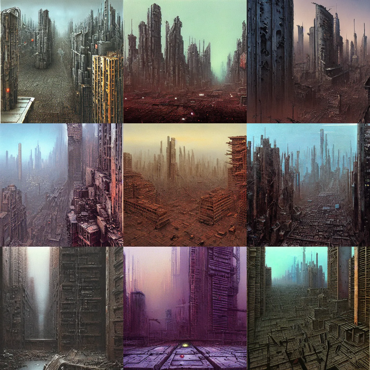 Prompt: ruined cyberpunk city painted by Zdzisław Beksiński