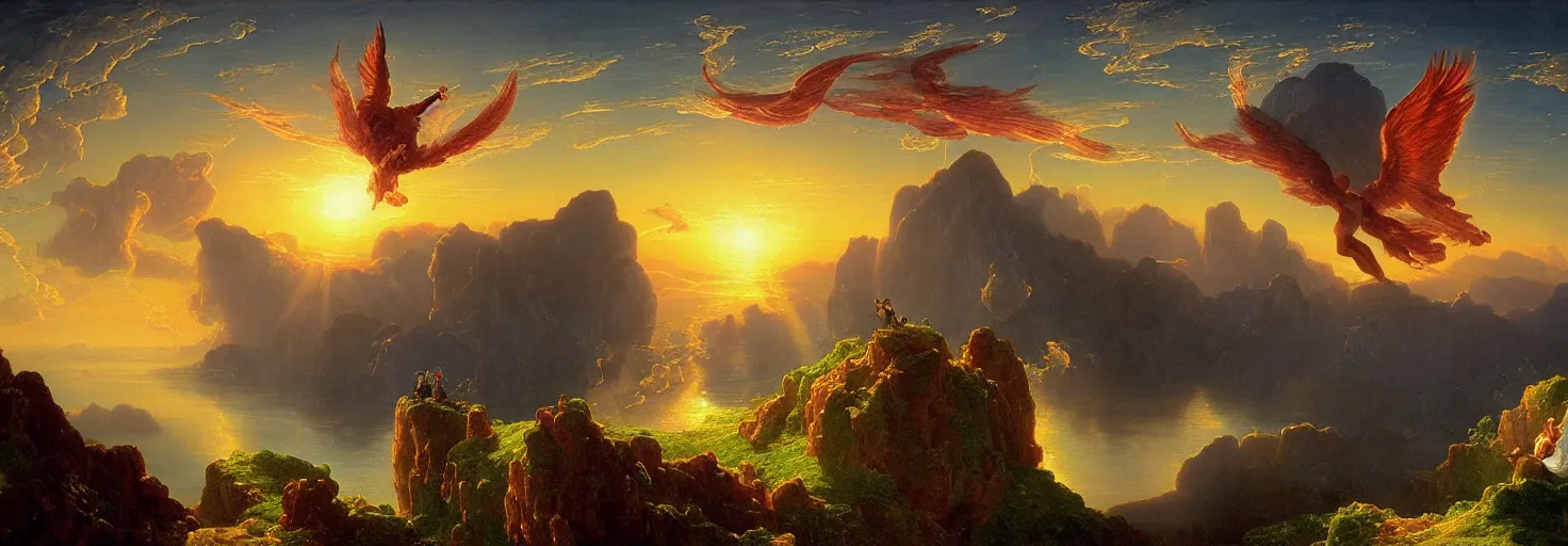 Prompt: Icarus in a firey tailspin while Daedalus looks on in disbelief, in the style of a surreal and awe-inspiring thomas cole and albert Bierstadt digital art panoramic landscape painting at sunset, unreal engine, 4k, matte, exquisite detail, lens pop