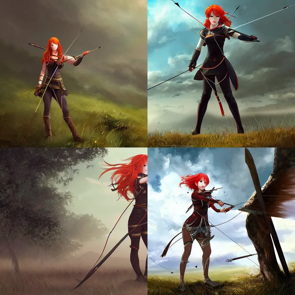 Prompt: A redheaded female archer with lightweight armor, pulling her bow and aiming at her target, standing at the top of a hill. Dark fantasy anime, digital painting by WLOP.