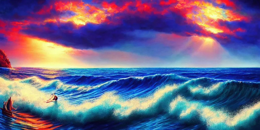 Image similar to Even if our mouths where filled with song like the splitting sea, and our tongues full of joy like it’s manny waves we could never reach Your praise, surrealism, musical notes, EPIC ,beautiful sea landscapes, Very colorful painting 8k trending on art station, Intricate details, very realistic, cinematic lighting, volumetric lighting,