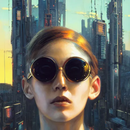 Prompt: portrait of a young beautiful cyberpunk woman, sunglasses, shag haircut, street samurai, sunset, neuromancer, cyberpunk city background, megacity, gorgeous view, depth, painted by seb mckinnon, high detail, digital art, painted by greg rutkowski, trending on artstation