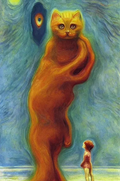 Image similar to tiny kitten meets a colossal space monster, oil painting by Edvard Munch, Zdzislaw Beksinski