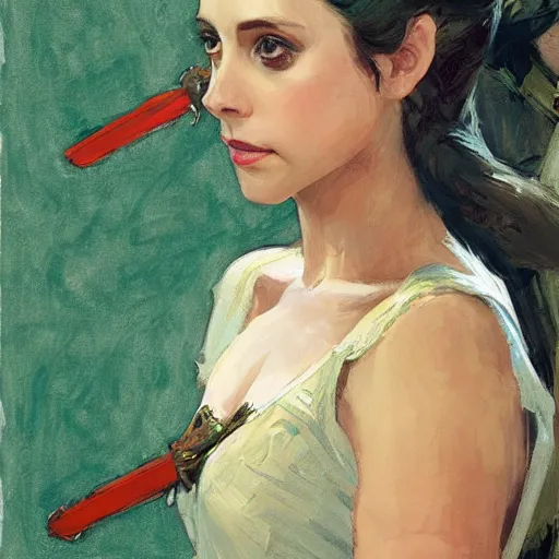 Image similar to alison brie as robin hood, intricate, elegant, highly detailed, greg manchess, mucha, liepke, ruan jia, jeffrey catherine jones, ridley scott