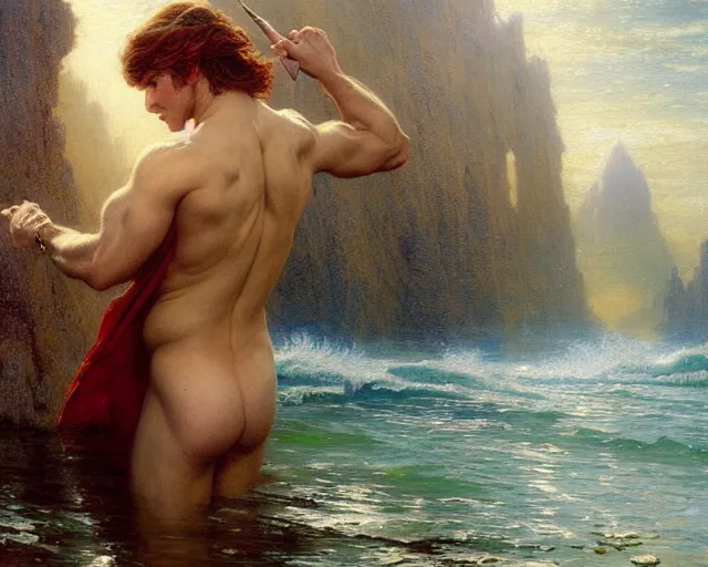 Image similar to attractive male wizard casting powerful wave water spell in a beautiful lake. highly detailed painting by gaston bussiere, craig mullins, j. c. leyendecker 8 k