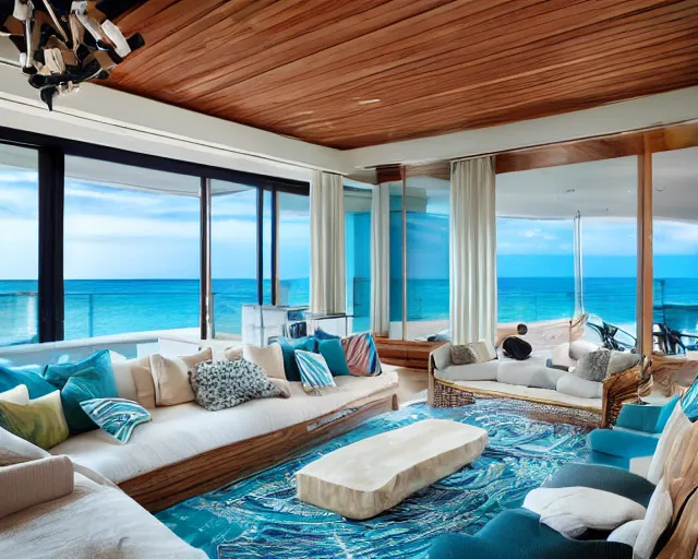 Image similar to A modern living room in a ocean hues style next to a big terrace overlooking the ocean, a luxurious wooden coffee table with large seashells on top in the center, amazing detail, 8k resolution, inspired by the ocean, calm, relaxed style, harmony, wide angle shot
