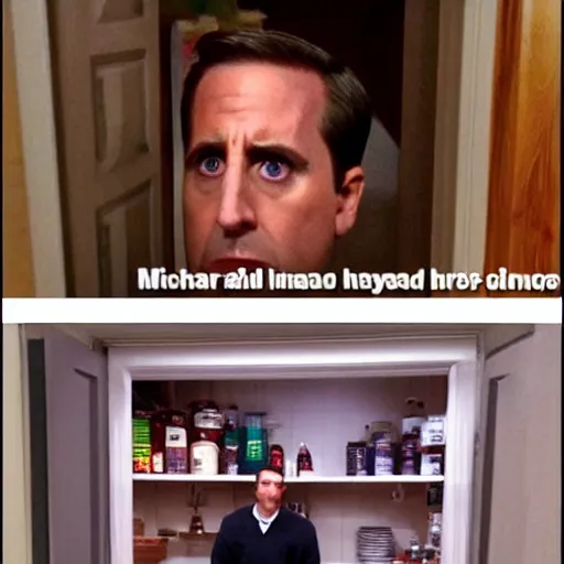 Prompt: michael scott is hiding in a pantry