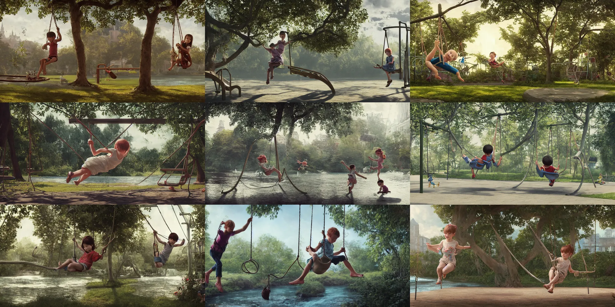 Prompt: a child swinging on a usssr playground with double swing, next to a river, with a three storey house, hyperrealistic, octane render, chiaroscuro, inspired by james jean, android jones, gerard brom, denis villeneuve, johannen voss, alphonse mucha, frostbite 3 engine